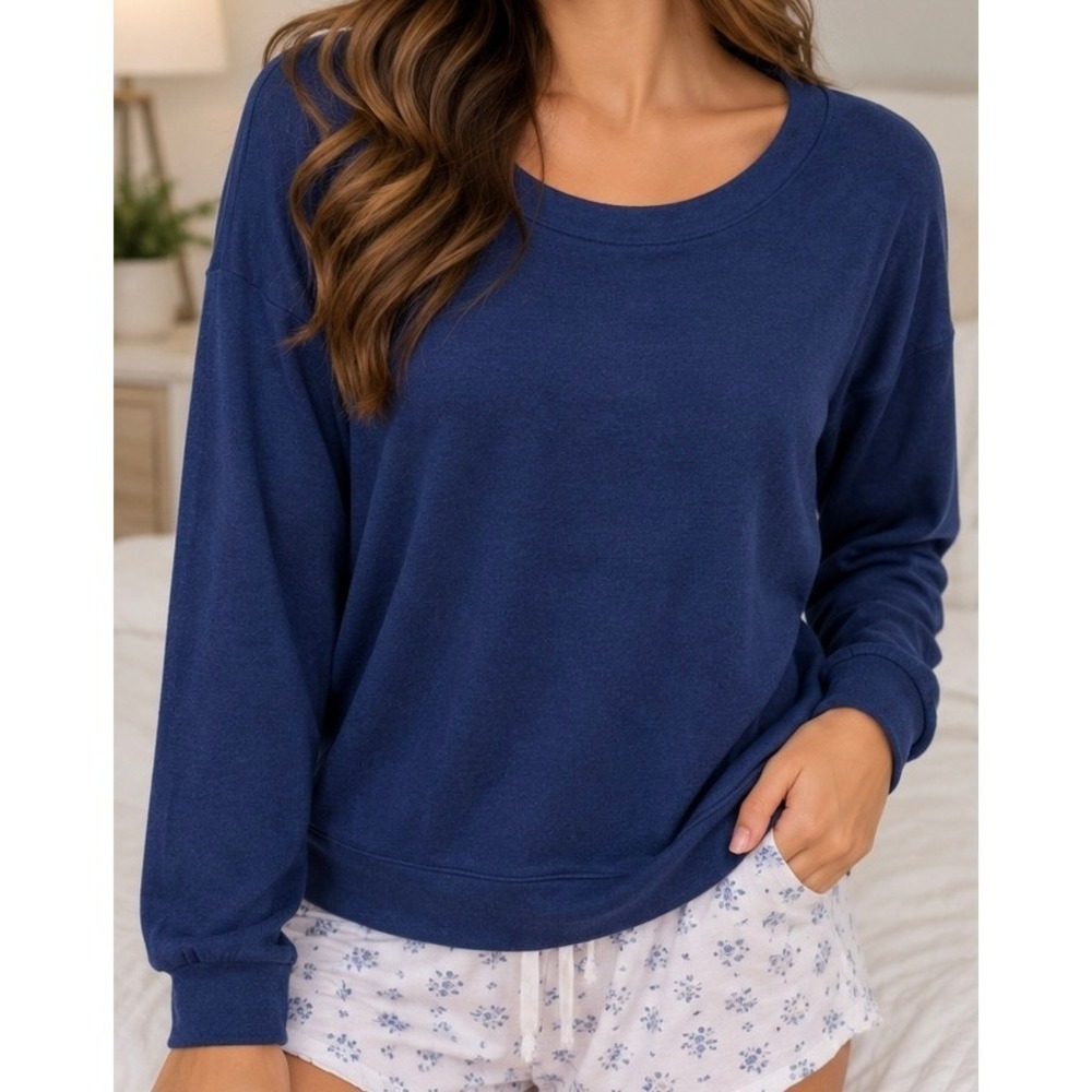 Navy Blue Long Sleeve Scoop Neck Pajama Top Sleep Shirt Lounge Sweatshirt